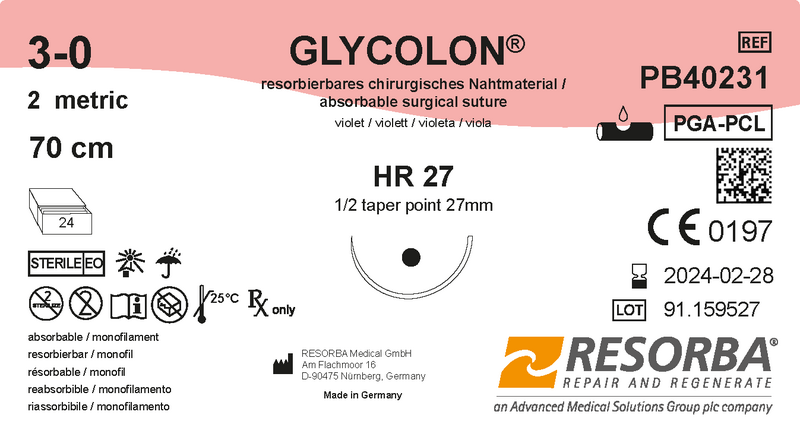 Гліколон USP3-0 фіолетовий, довжина 70см, колюча голка 27 мм, 1/2 кола